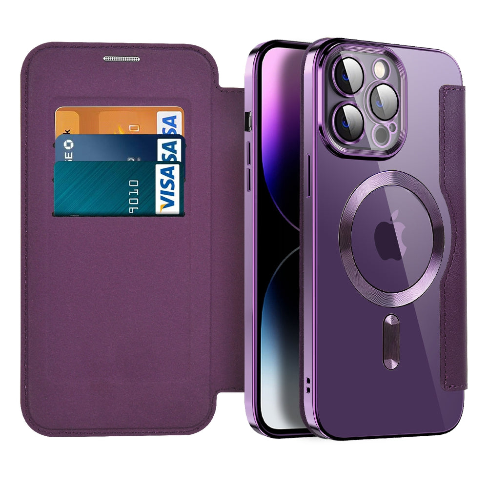 Phone Cover for iPhone 14 Pro Max Compatible with MagSafe RFID Blocking Card Slots PU Leather TPU Electroplating Clear Back Flip Case with Lens Film Phone Cover for iPhone 14 Pro Max Compatible with MagSafe RFID Blocking Card Slots PU Leather TPU Electroplating Clear Back Flip Case with Lens Film